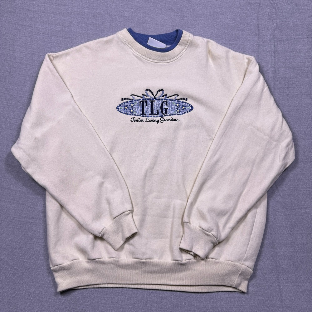 VTG MC Sports Wear‎ Loving Grandma Embroidered Crewneck Cream Blue SZ L